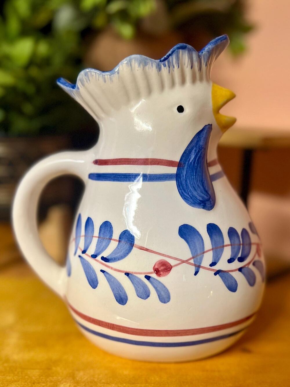 Vintage Italian Ceramic Rooster Pitcher Hand Painted Majolica Chicken Jug 6.5”